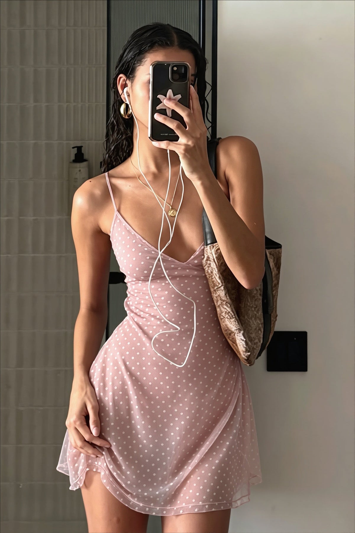 Polka Dot Cowl Neck Satin Slip Mini Dress