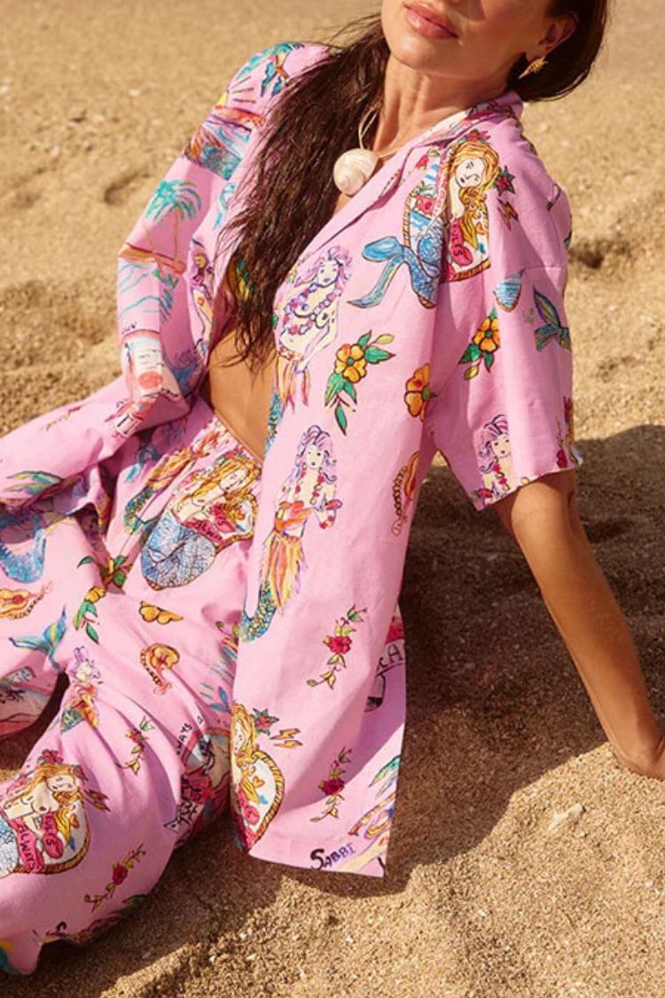 Mermaid Whispers Linen Blend Unique Print Elastic Waist Pocket Wide Leg Pants - Fashionpara