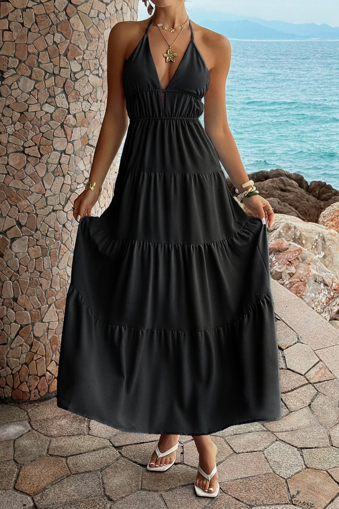 Halter Deep V-Neck Backless Tiered Maxi Dress 7