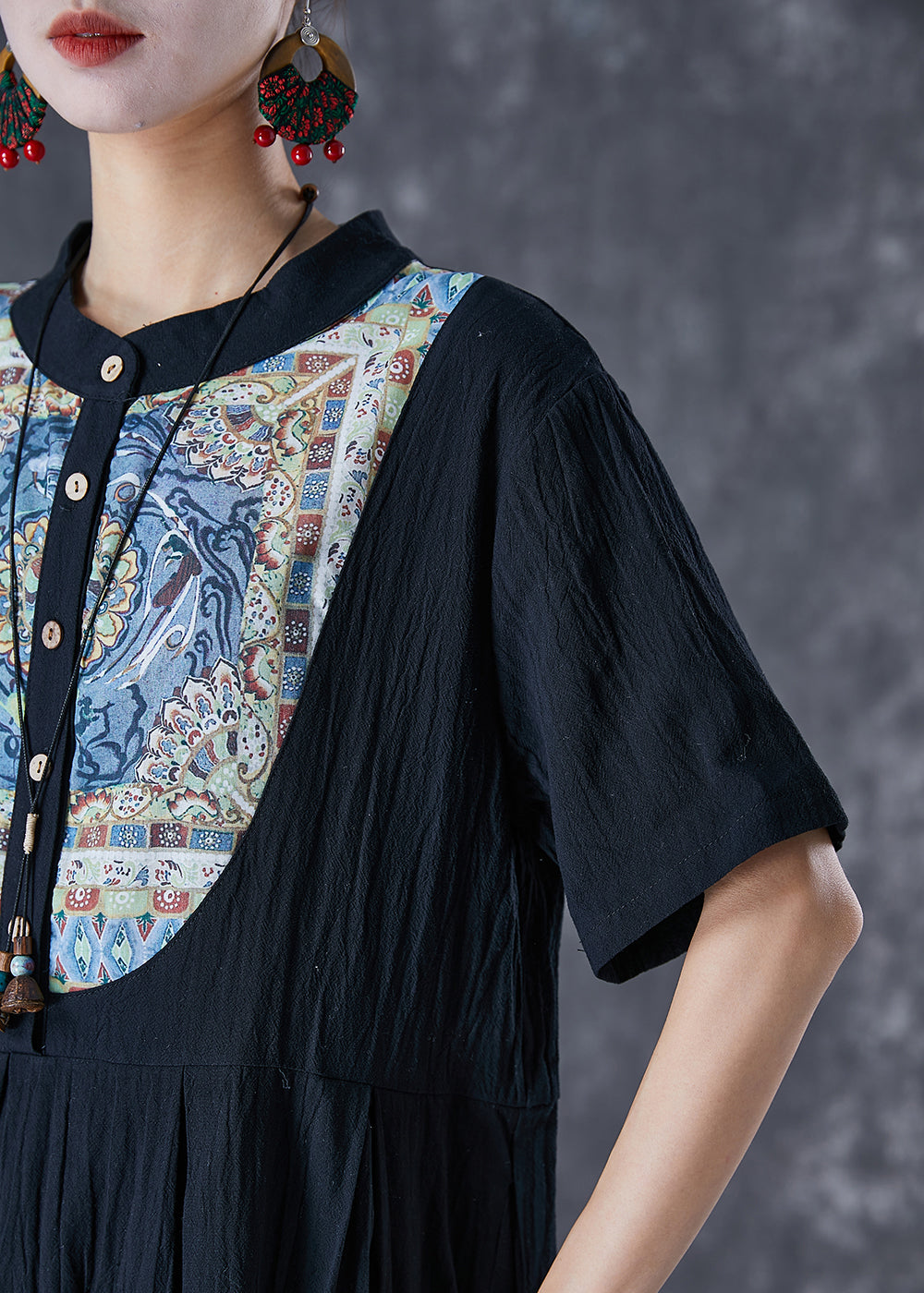 Stand Collar Short Sleeve Crinkle Woven Bib Panel Midi Dress - View 4