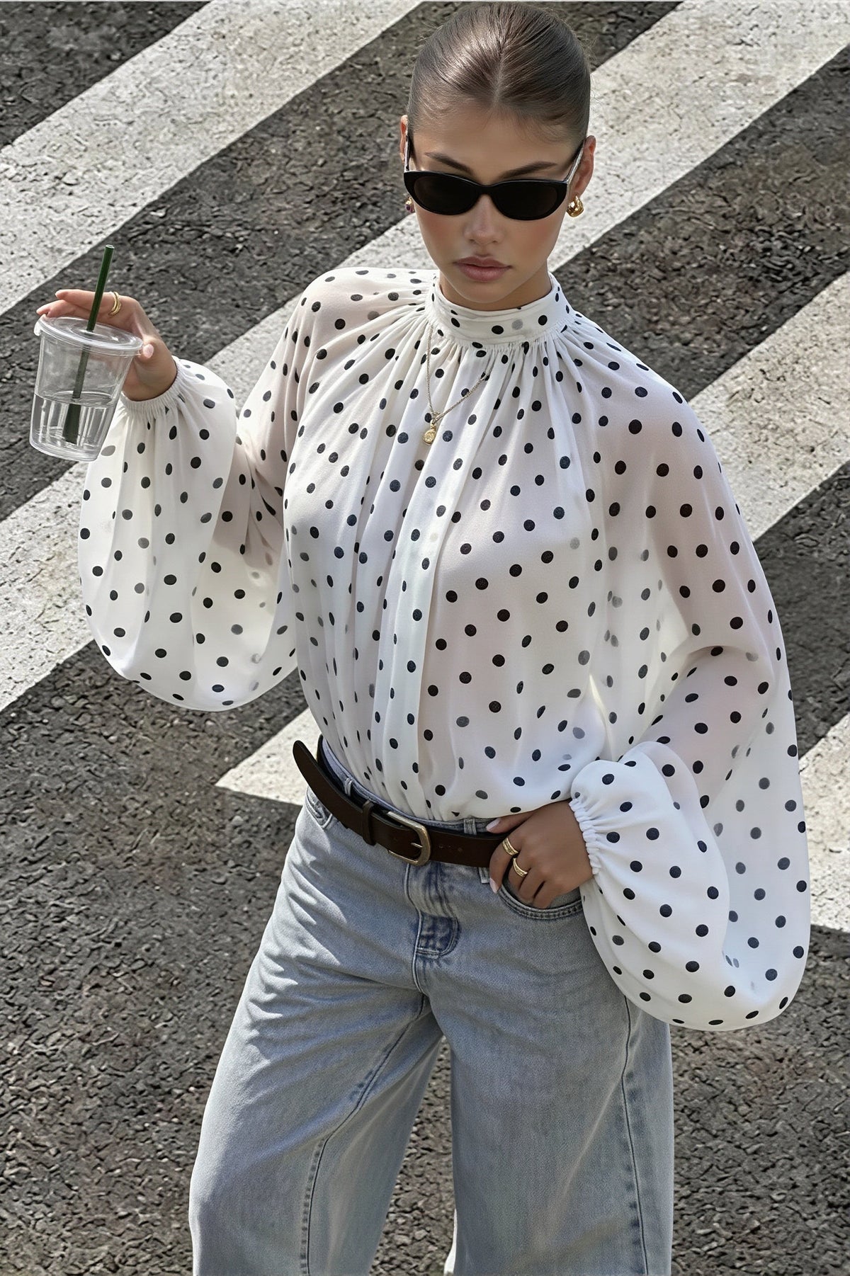 Elegant Polka Dot Bow Neck Blouse