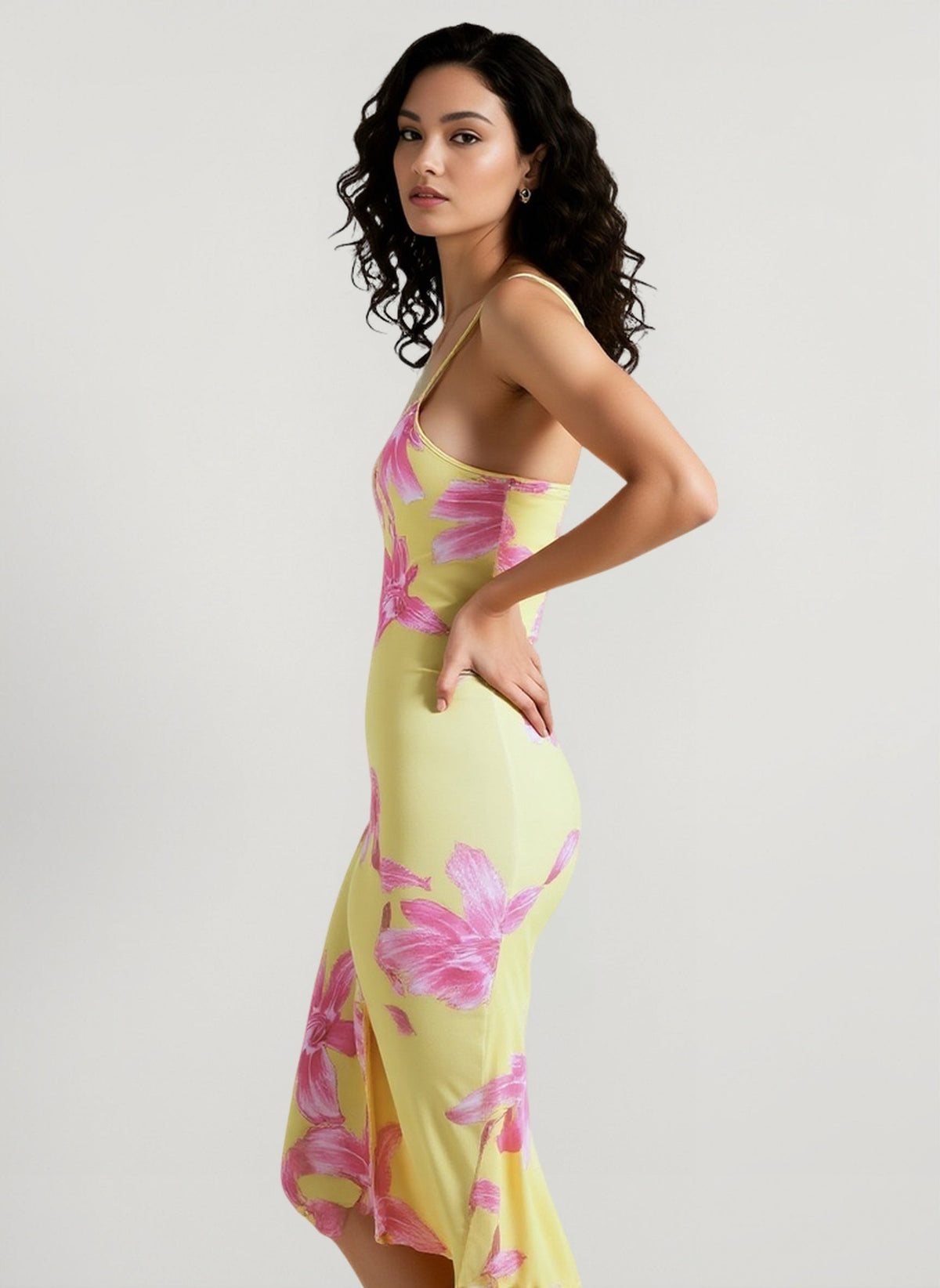 Floral Print Spaghetti Strap Cowl Neck Mermaid Maxi Dress