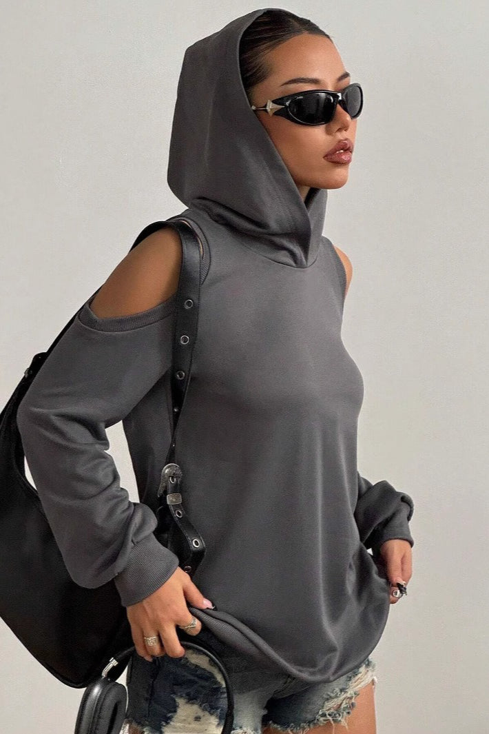 Trendy Off-Shoulder Hooded Hoodie - Fashionpara