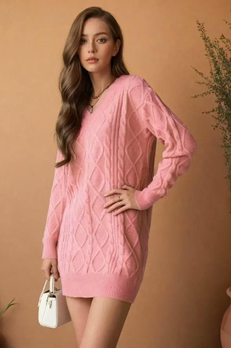 PrincessAce V-Neck Cable-Knit Sweater Mini Dress in Solid Color