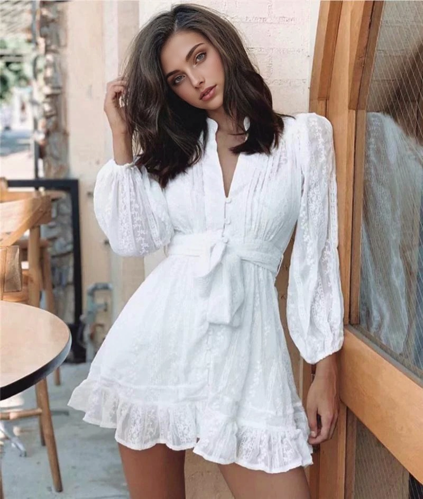Lace Plunge V-Neck Bishop-Sleeve Ruffle-Hem Mini Dress 2