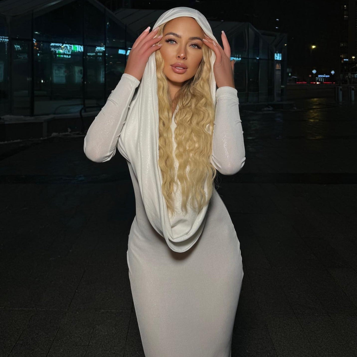 Hooded Long-Sleeve Draped Ruched Column Maxi Dress 7