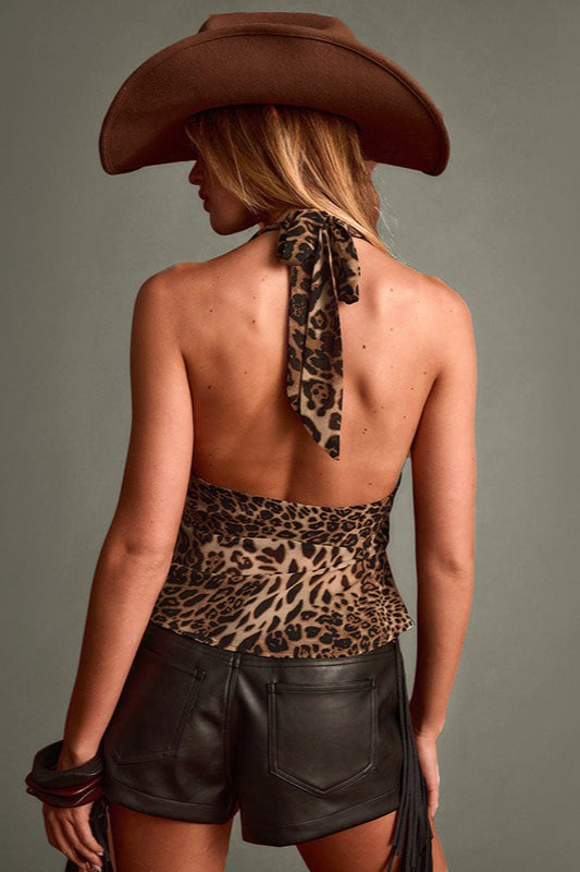 Color Block Halter Leopard Print Crop Top