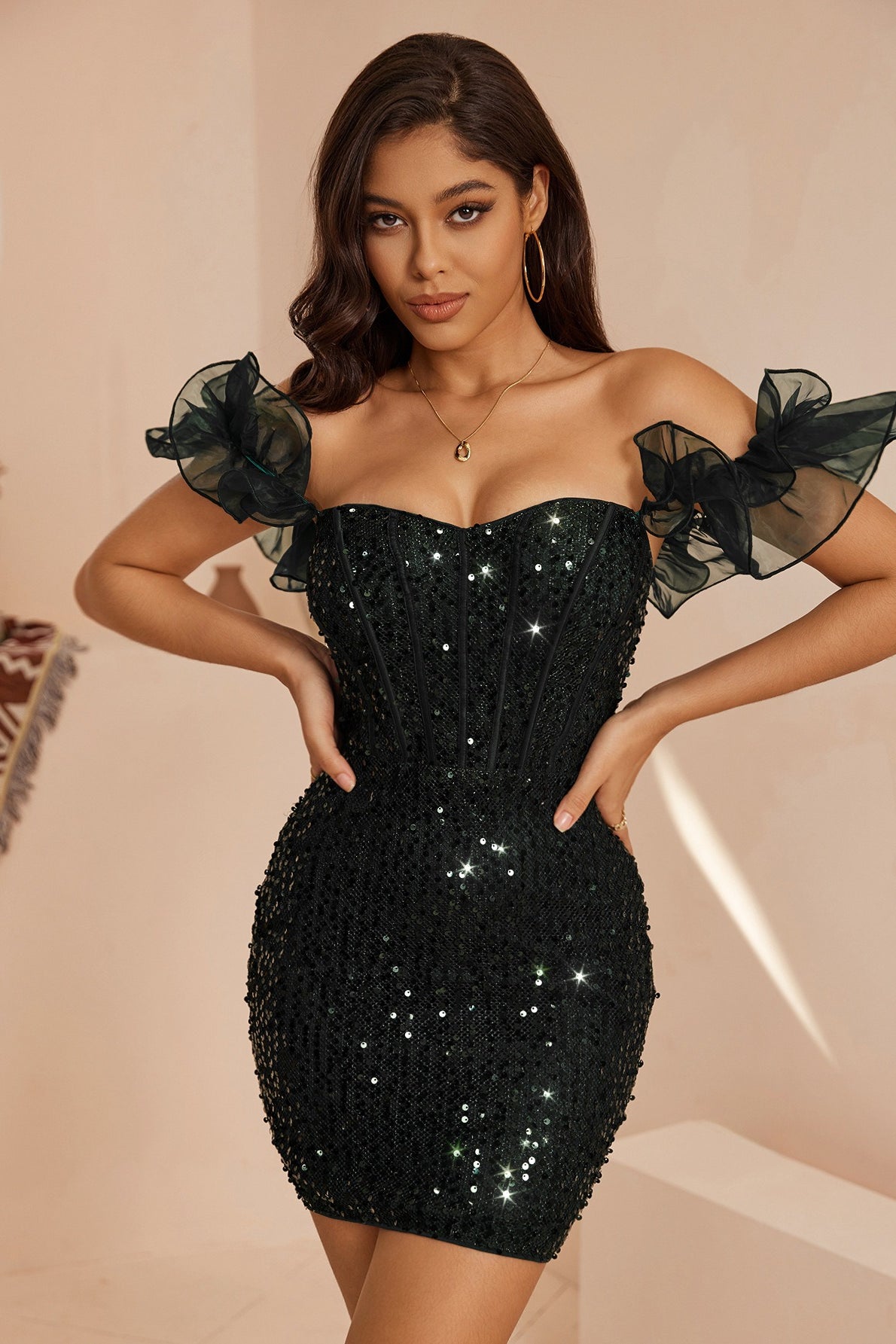 Sequin Off-Shoulder Ruffle-Sleeve Corset Bodycon Mini Dress