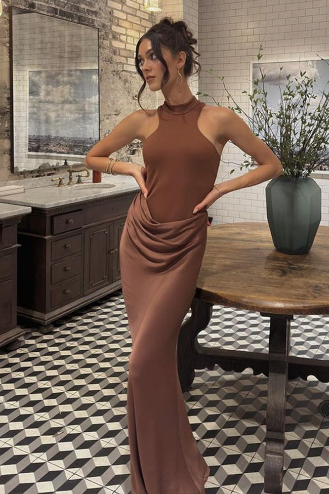 Sleeveless Halter Draped Satin Bodycon Maxi Gown