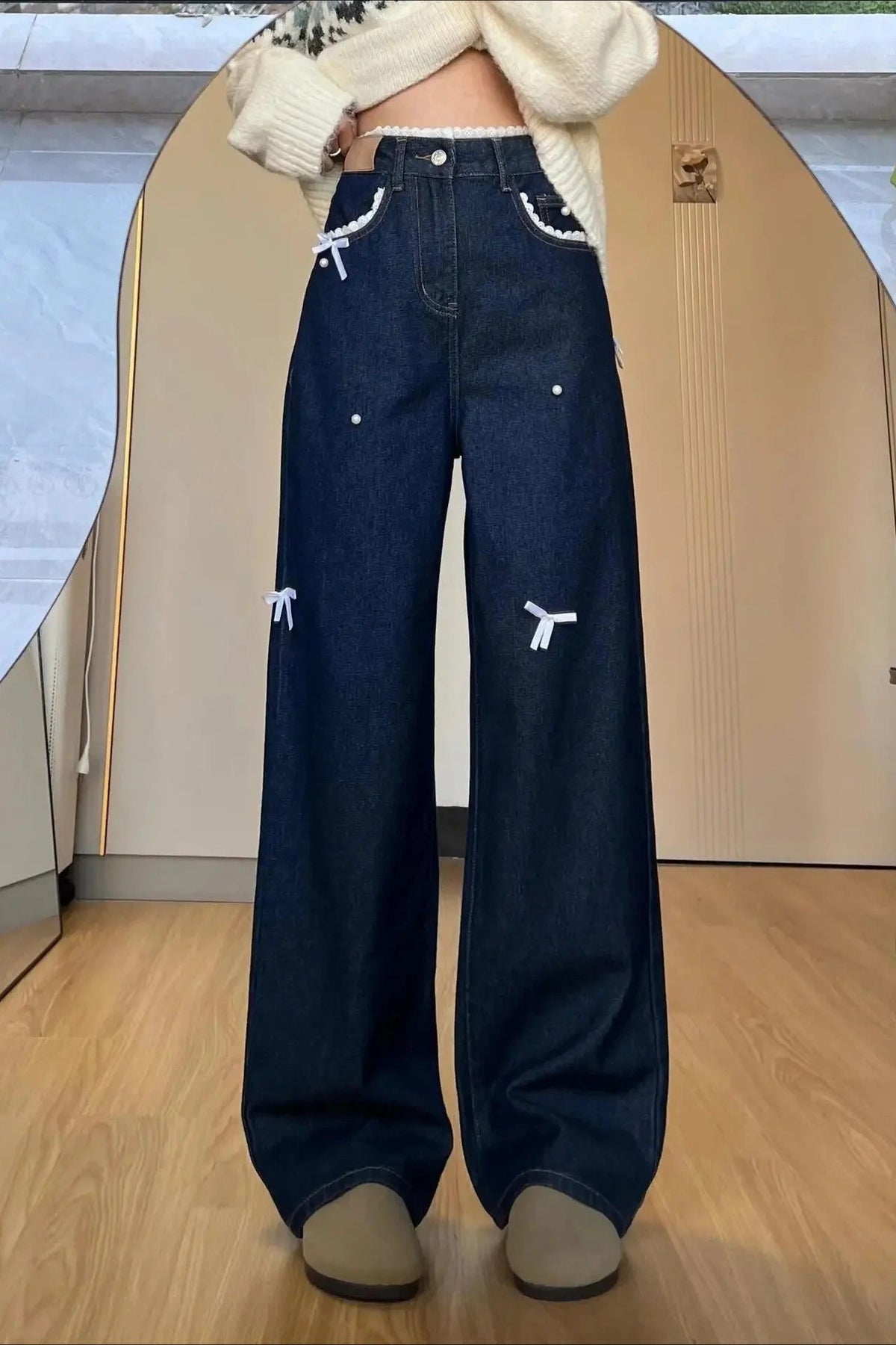 Style Lace Butterfly Knot Wide Leg Jeans