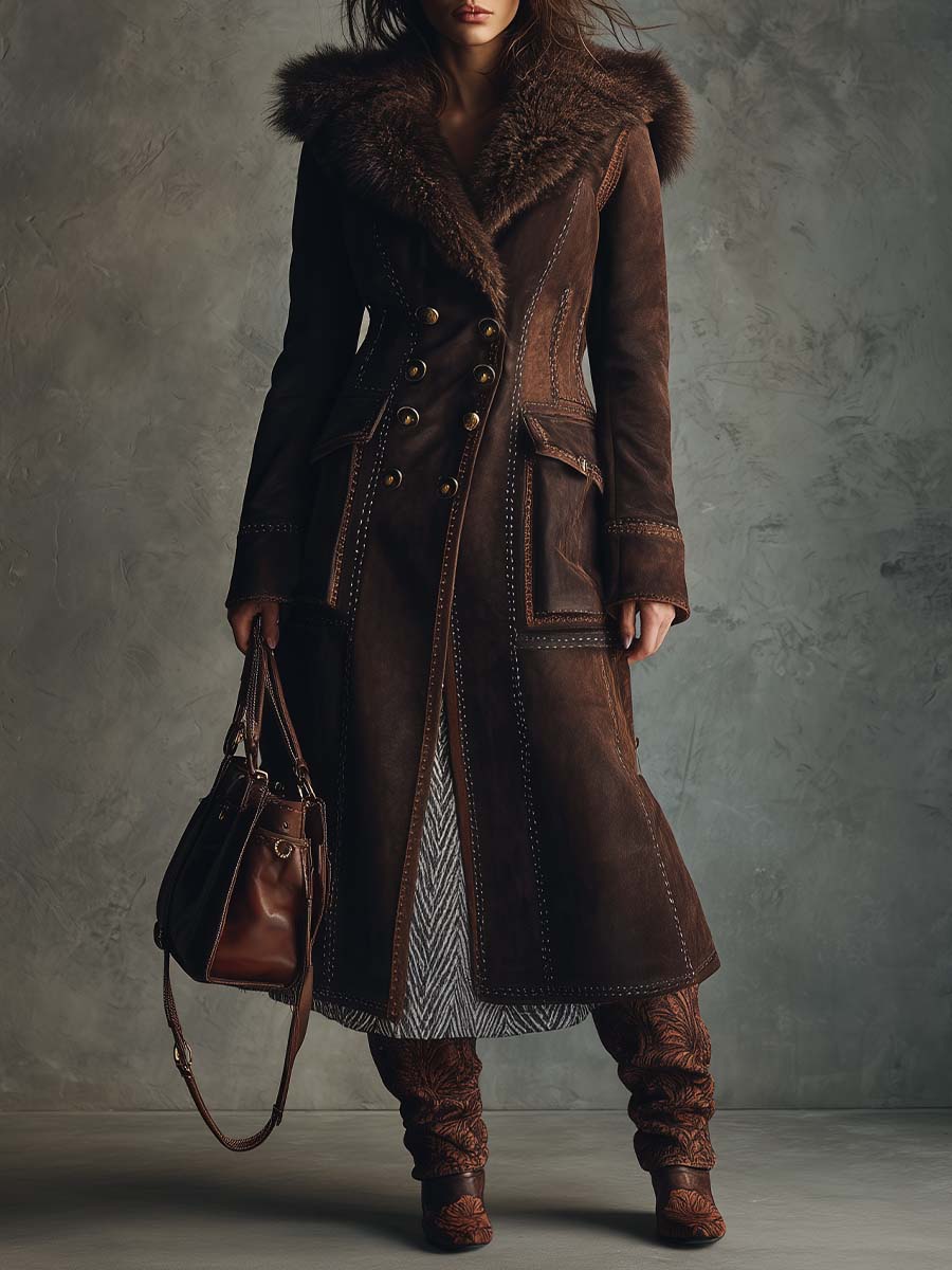 Vintage Brown Eco-Suede Coat with Full Shearling Lining and Fur Collar - Fashionpara
