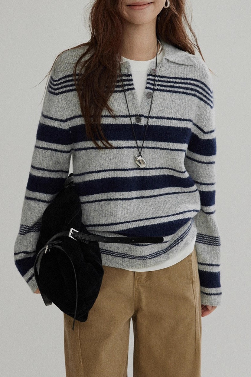 Stripe Polo Collar Knit Top