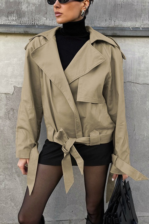 Chic Khaki Belted Trench Coat with Vintage Barn-Style Design