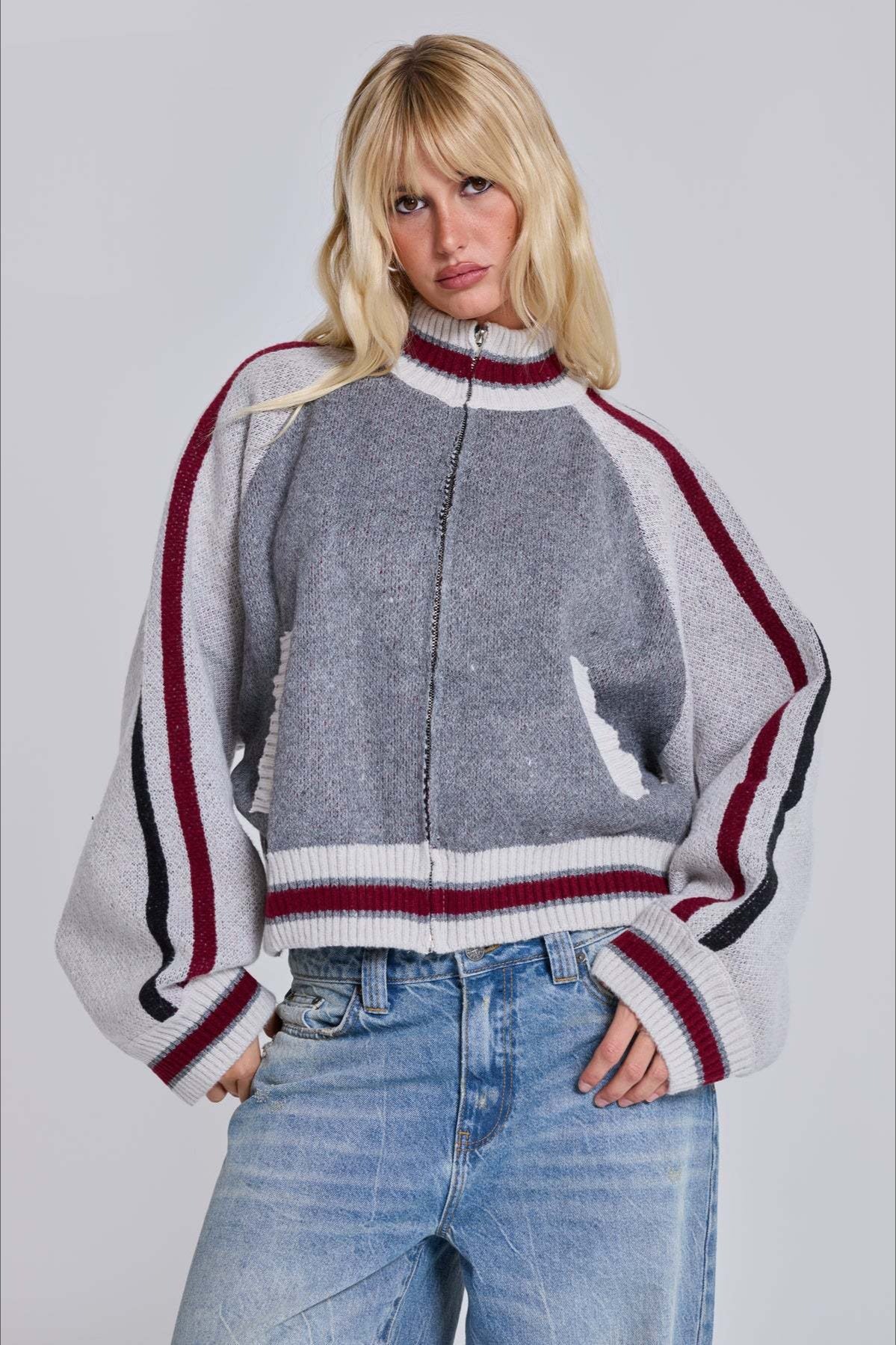 Retro Gothic Colorblock Zip-Up Knit Sweater