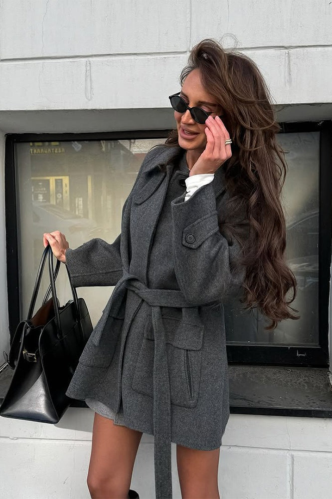 Solid Color Lapel Belted Wool Coat 2