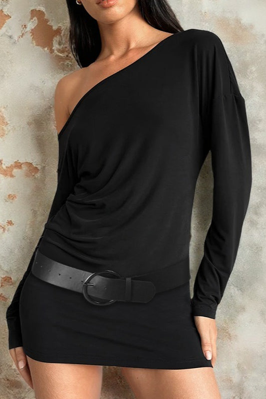 Off Shoulder Long Sleeve Belted Bodycon Mini Dress