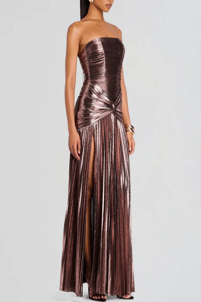 Metallic Strapless Ruched Twist Pleated High Split Maxi Dress