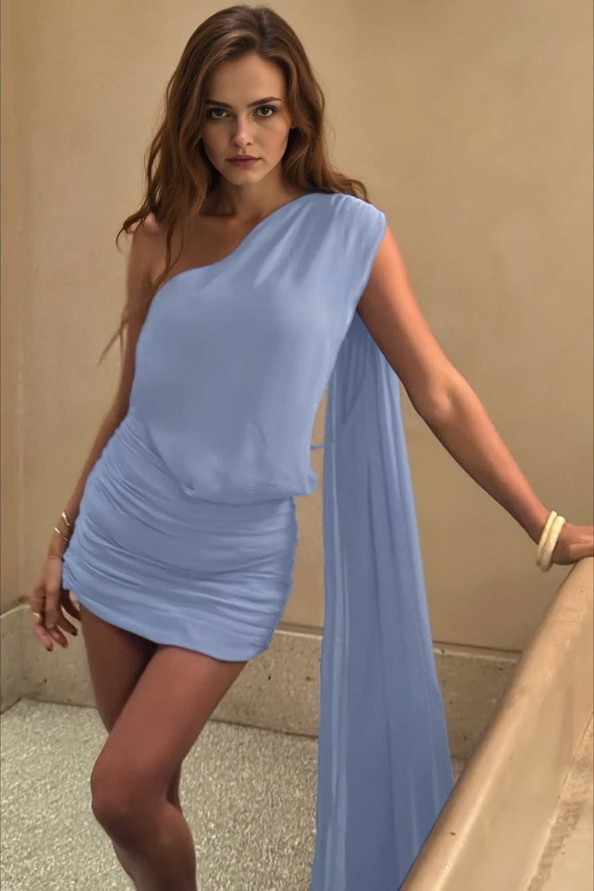 One Shoulder Sash Drape Ruched Mini Dress