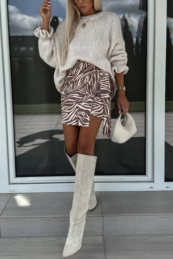 Solid Color Ruffled Long Sleeve Knitted Sweater for Women