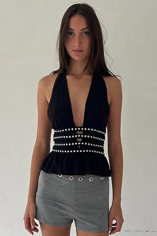 Halter Studded Deep V Knit Top