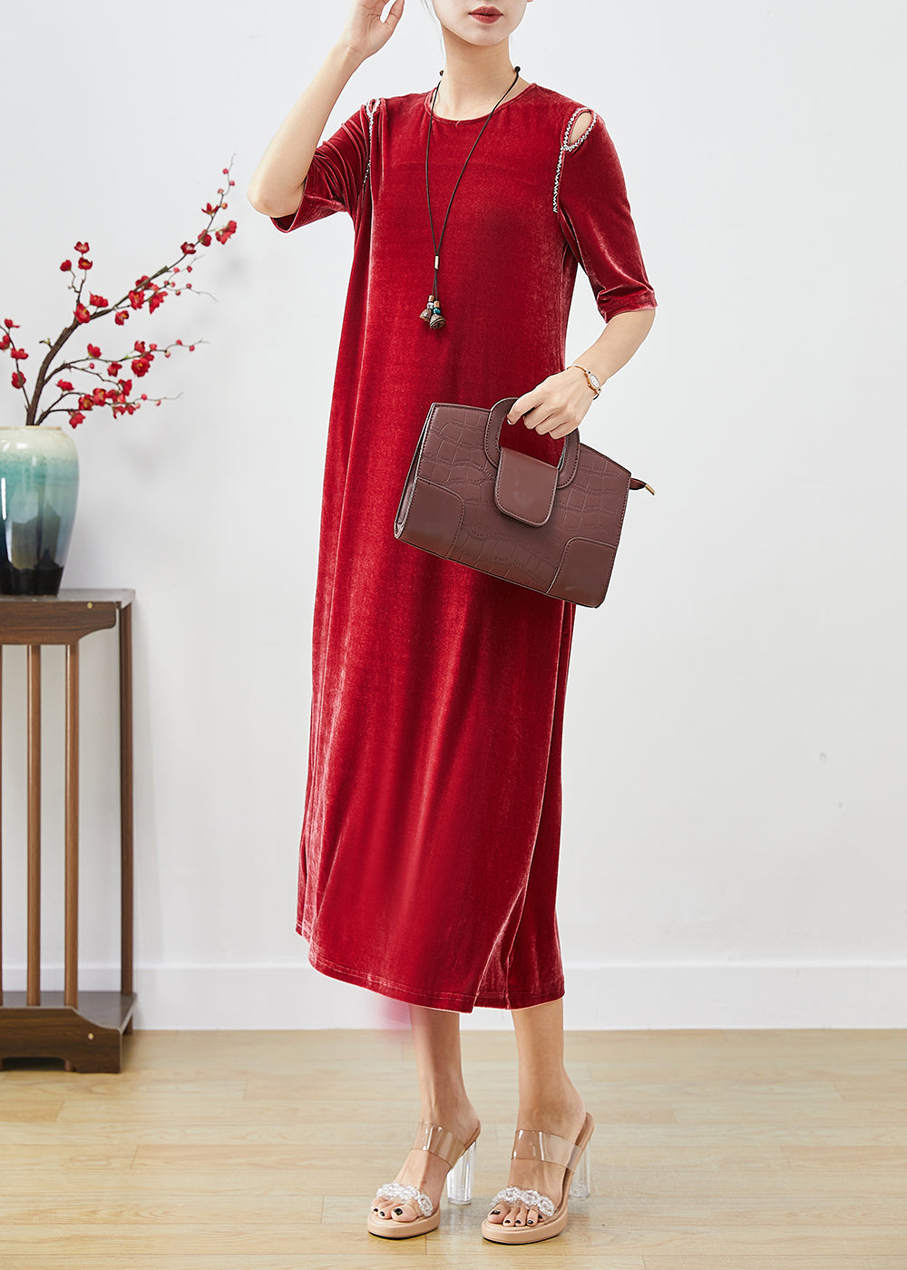 Velvet Cold Shoulder Cut Out Braided Trim Short Sleeve Midi Dress - View 2