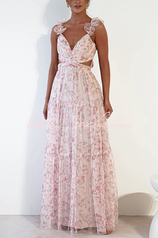 Garden Fairy Tulle Floral Ruffle Detail Cutout Waist Back Tie-up Maxi Dress - Fashionpara