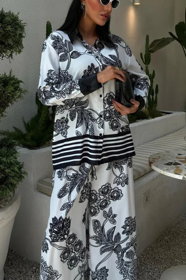 Sofia Contrast Color Flowers Print Long Sleeve Shirt and Elastic Waist Pocketed Pants Set - Fashionpara