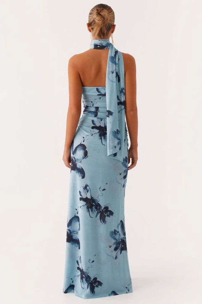Floral Print Halter Neck Ruched Mermaid Maxi Gown 4