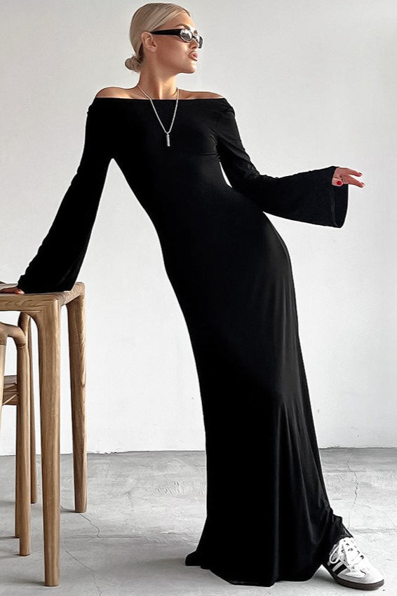 Off Shoulder Flare Sleeve Bodycon Maxi Dress