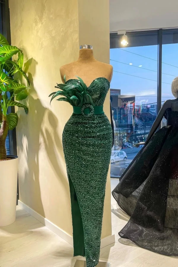 Dark Green Sweetheart Beaded Split Feathers Evening Dress With Belt ZT0394