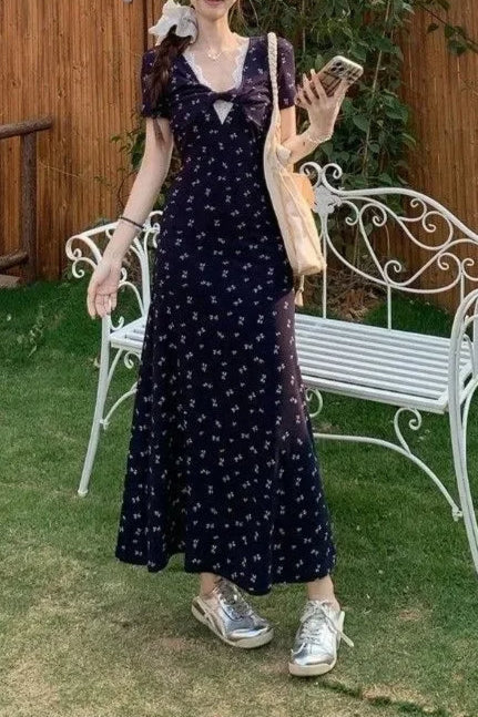 Ditsy Floral Print Sweetheart Puff Sleeve A-Line Maxi Dress 2