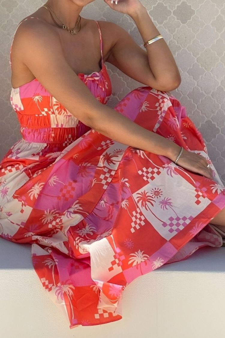 Resort Style Printed Suspender Pleated Loose Maxi Dress - Fashionpara