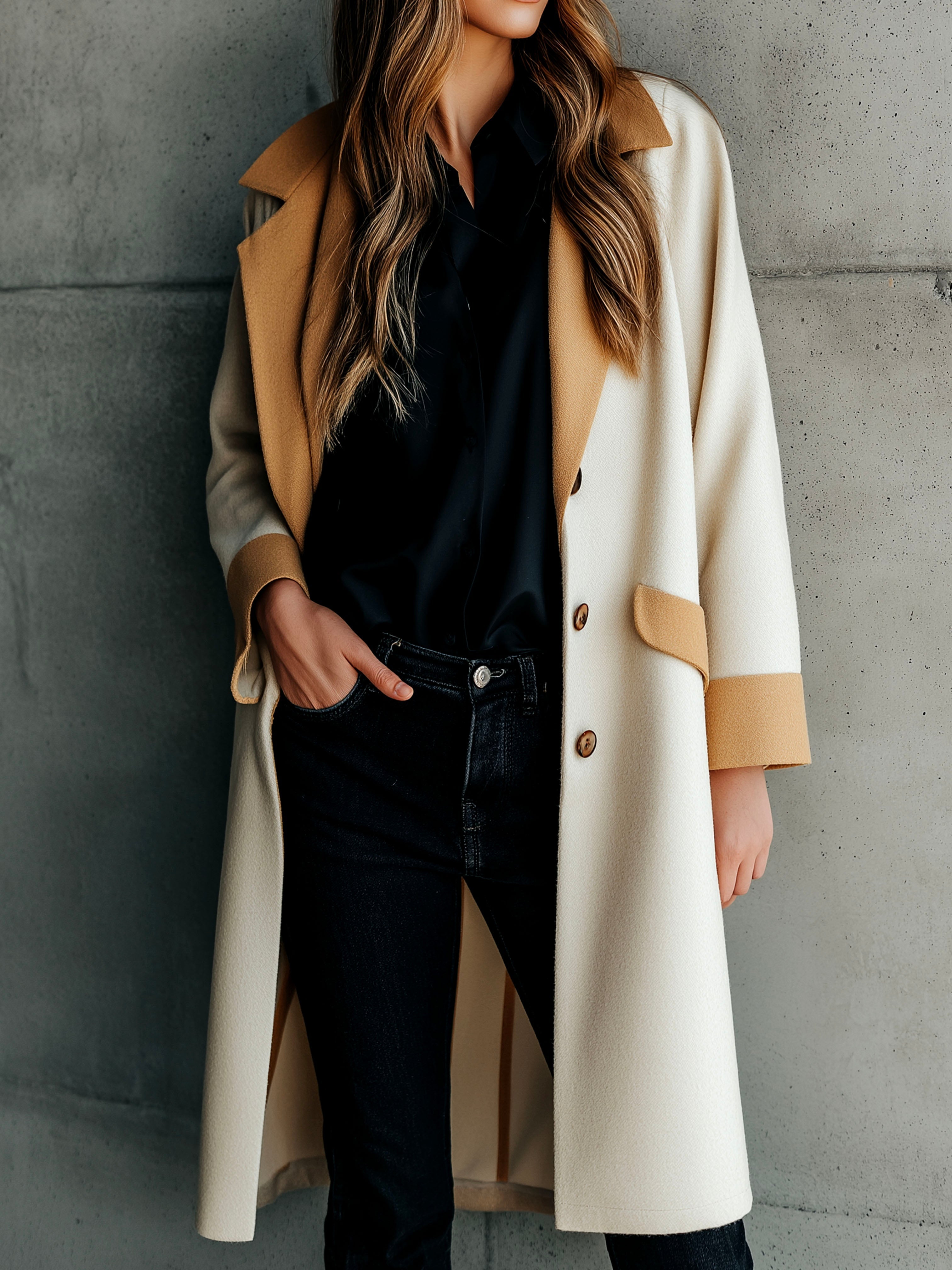 Chic Wool Blend Color Block Tailored Fit Long Overcoat