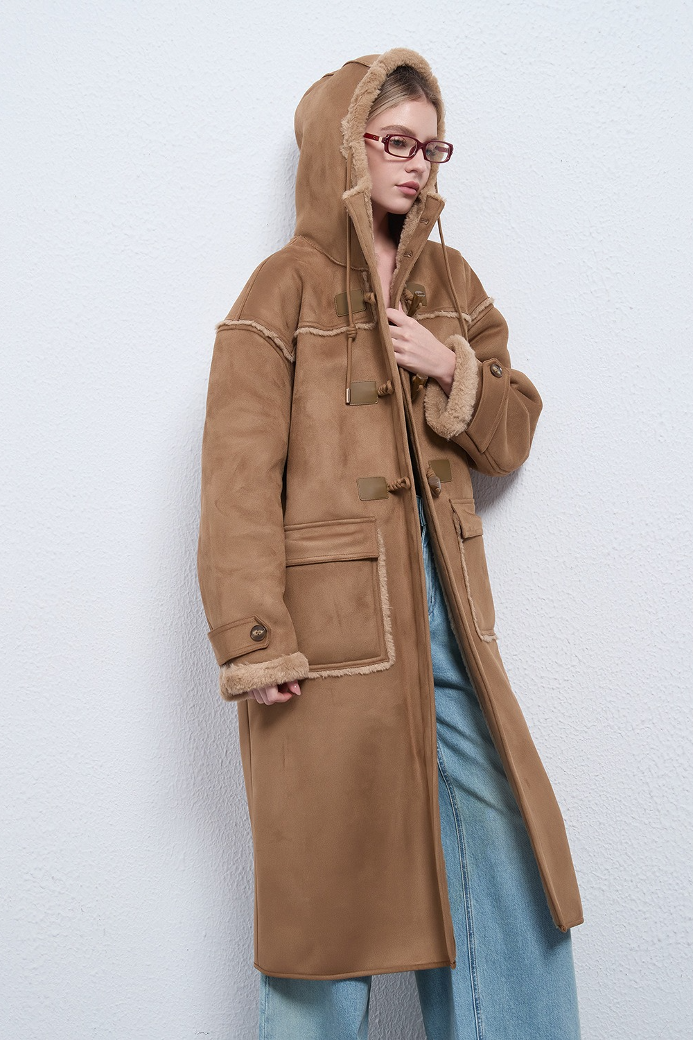 Hooded Suede Shearling Horn Button Long Thick Overcoat - Fashionpara