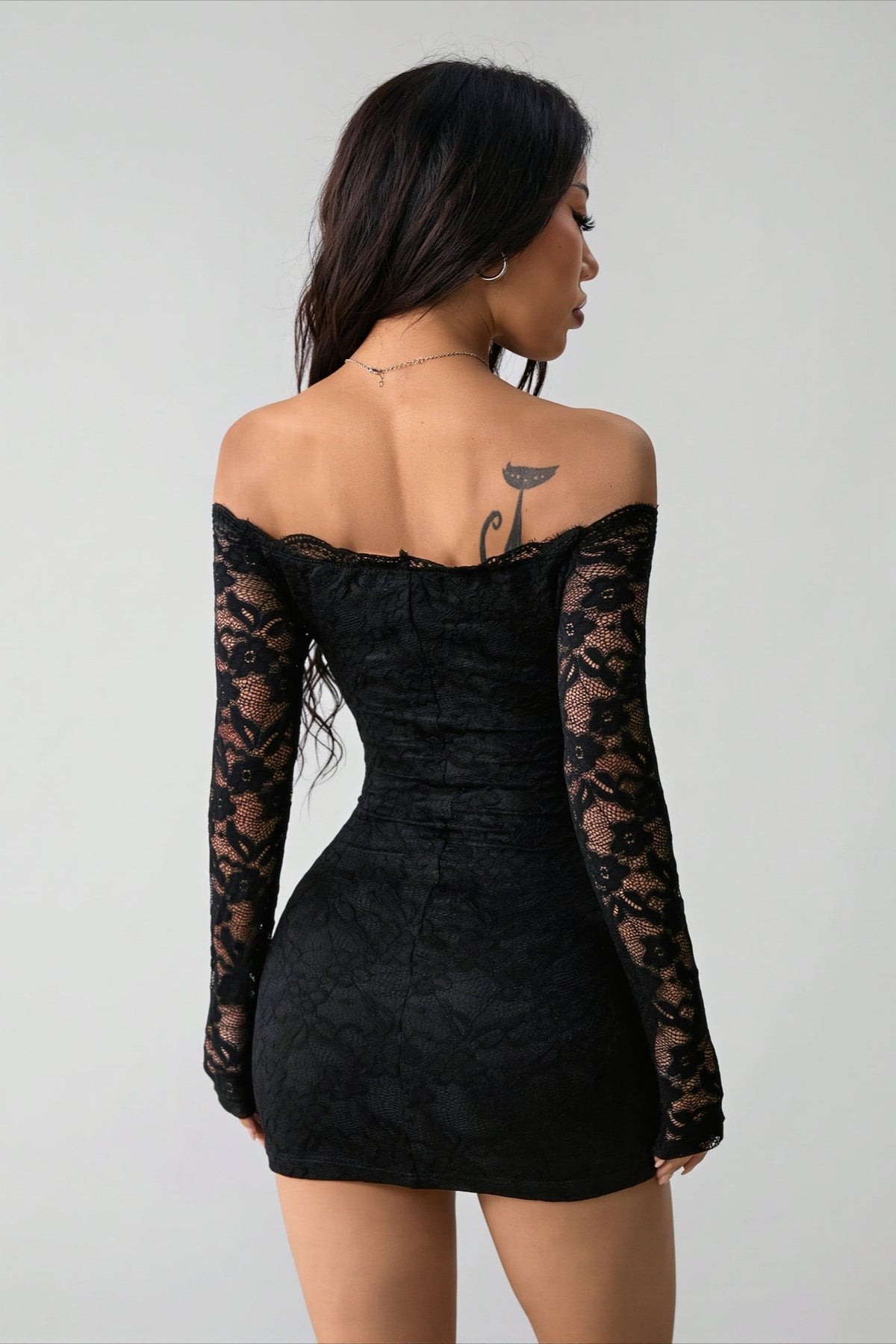 Floral Lace Off-Shoulder Long Sleeve Bodycon Mini Dress