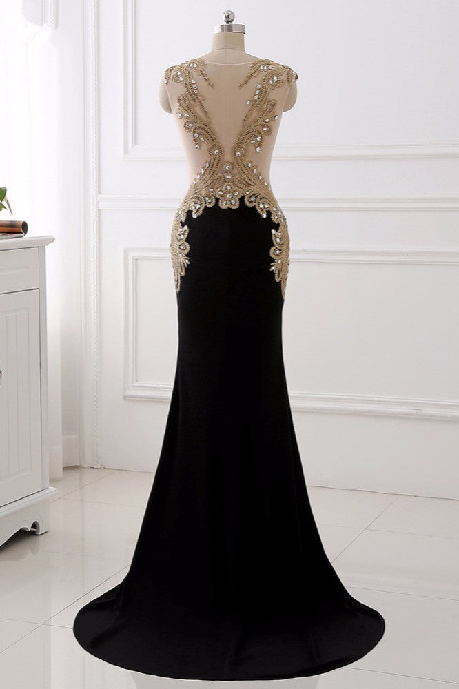Affordabe V-Neck Sleeveless Mermaid Prom Dresses Gold Appliques with Crystals - Fashionpara