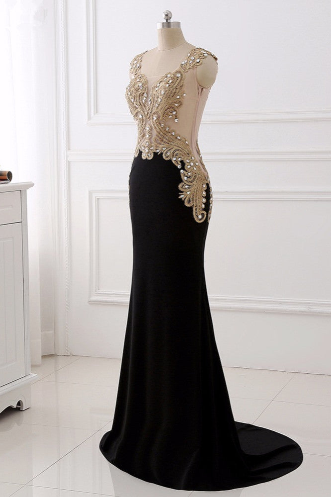 Affordabe V-Neck Sleeveless Mermaid Prom Dresses Gold Appliques with Crystals - Fashionpara