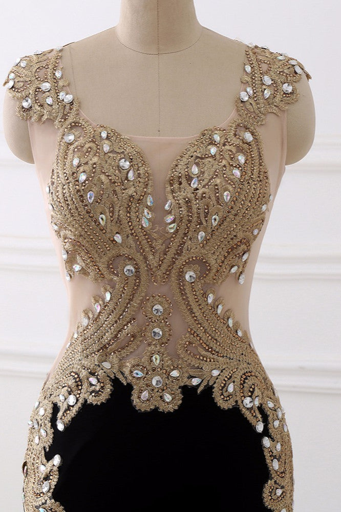 Affordabe V-Neck Sleeveless Mermaid Prom Dresses Gold Appliques with Crystals - Fashionpara