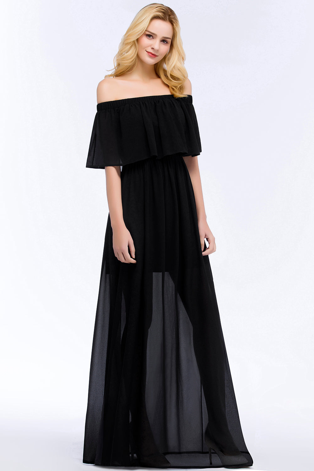 Affordable Black Off-the-shoulder Long Chiffon Bridesmaid Dresses - Fashionpara