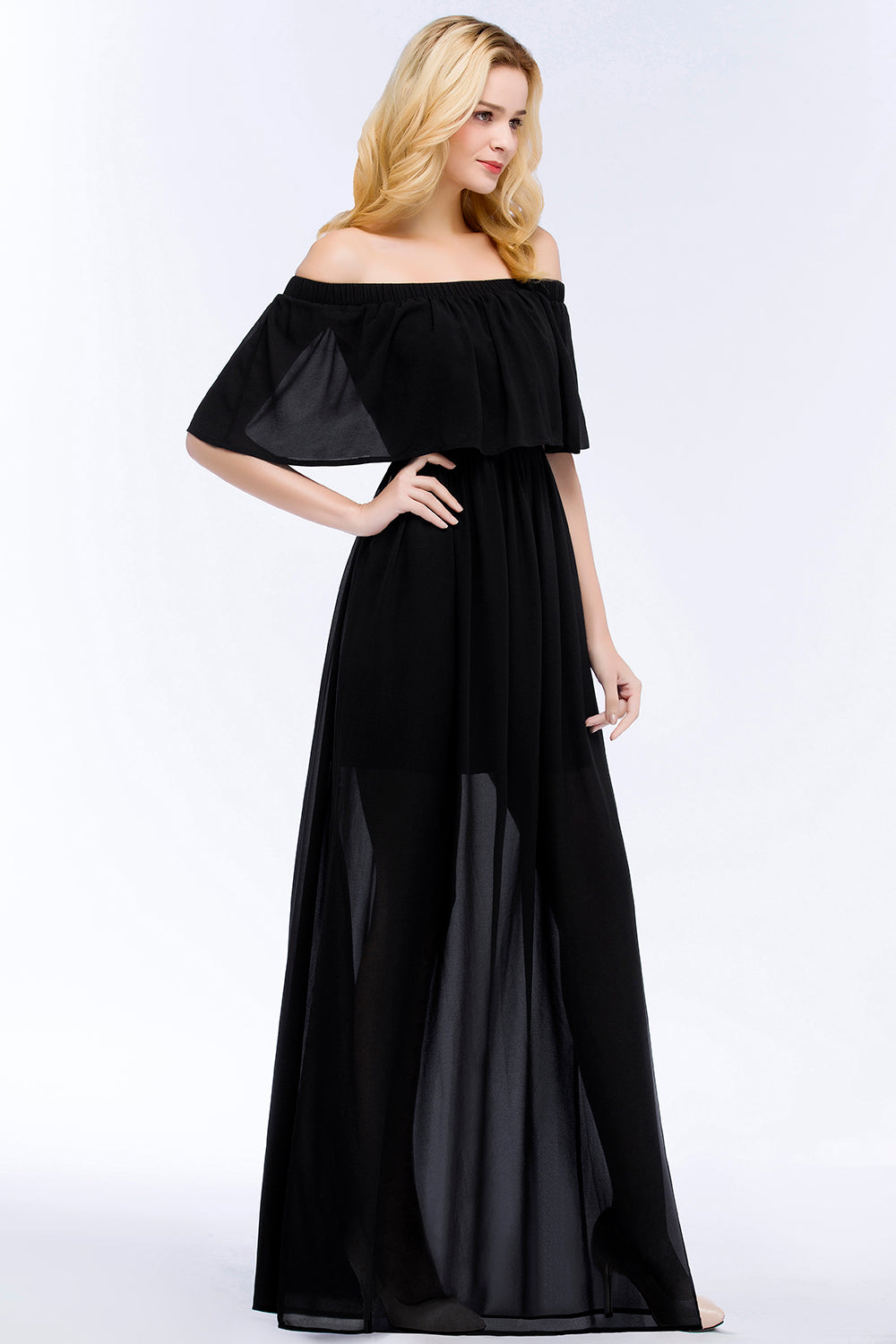 Affordable Black Off-the-shoulder Long Chiffon Bridesmaid Dresses - Fashionpara