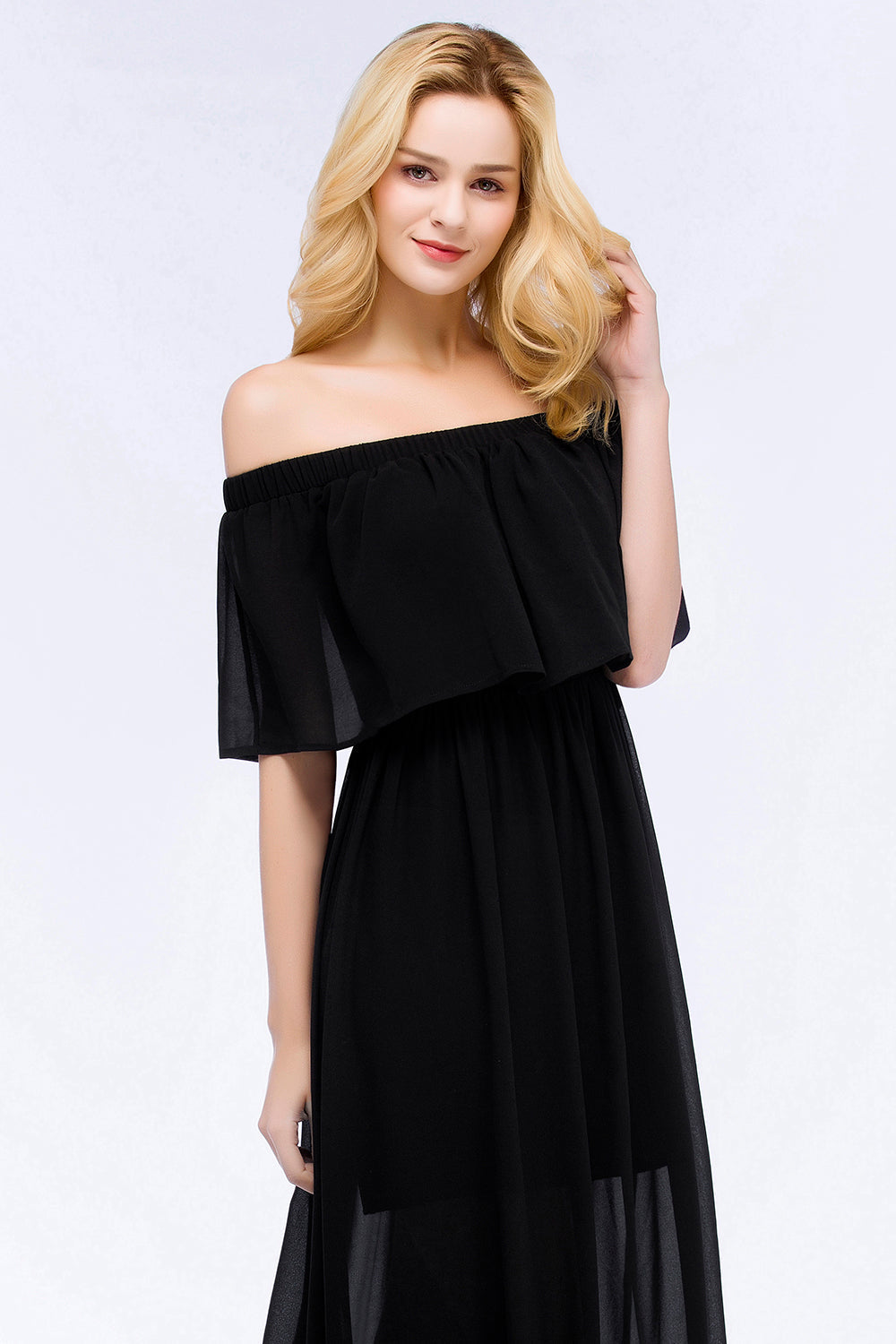 Affordable Black Off-the-shoulder Long Chiffon Bridesmaid Dresses - Fashionpara