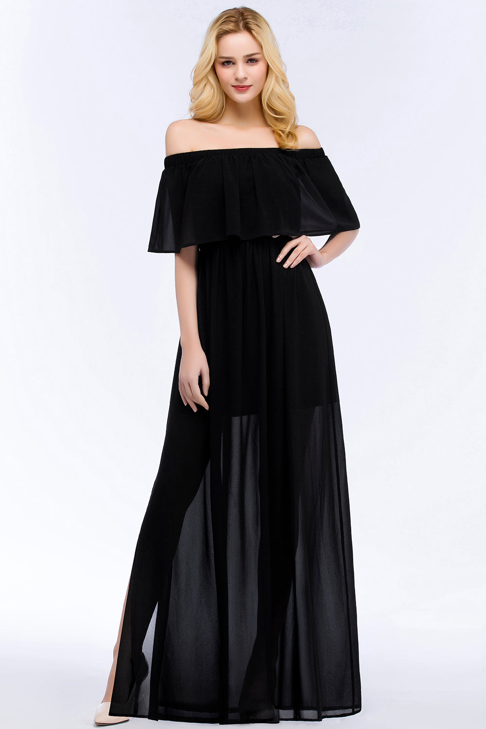 Affordable Black Off-the-shoulder Long Chiffon Bridesmaid Dresses - Fashionpara