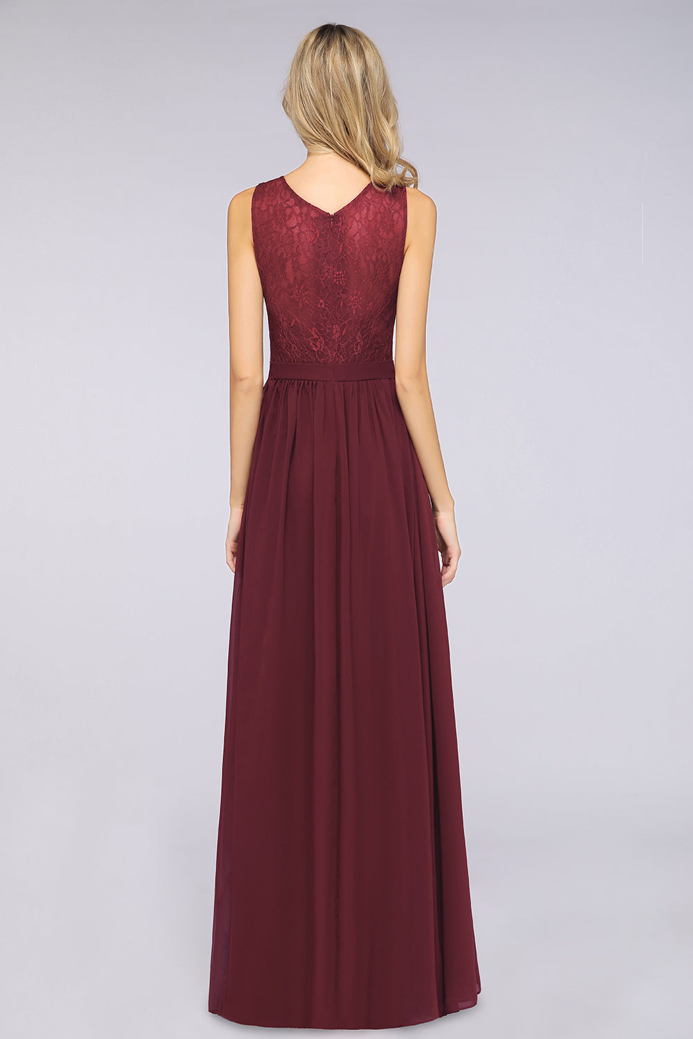 Affordable Burgundy V-Neck Ruffle Bridesmaid dresses with Lace-Back - Fashionpara