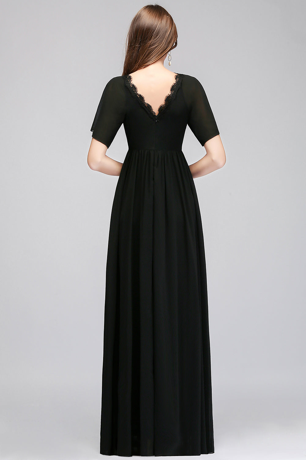 Affordable Chiffon Black V-Neck Bridesmaid dresses with Short-Sleeves - Fashionpara