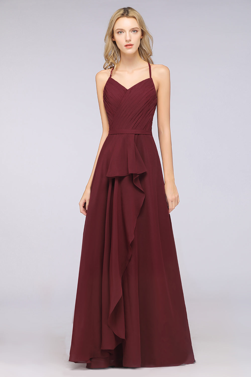 Affordable Chiffon Halter V-Neck Ruffle Burgundy Bridesmaid dresses - Fashionpara