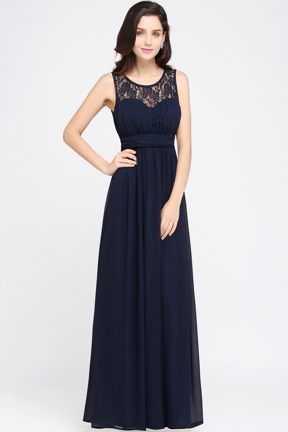 Affordable Chiffon Jewel Sleeveless Lace Bridesmaid Dresses with Ruffle - Fashionpara