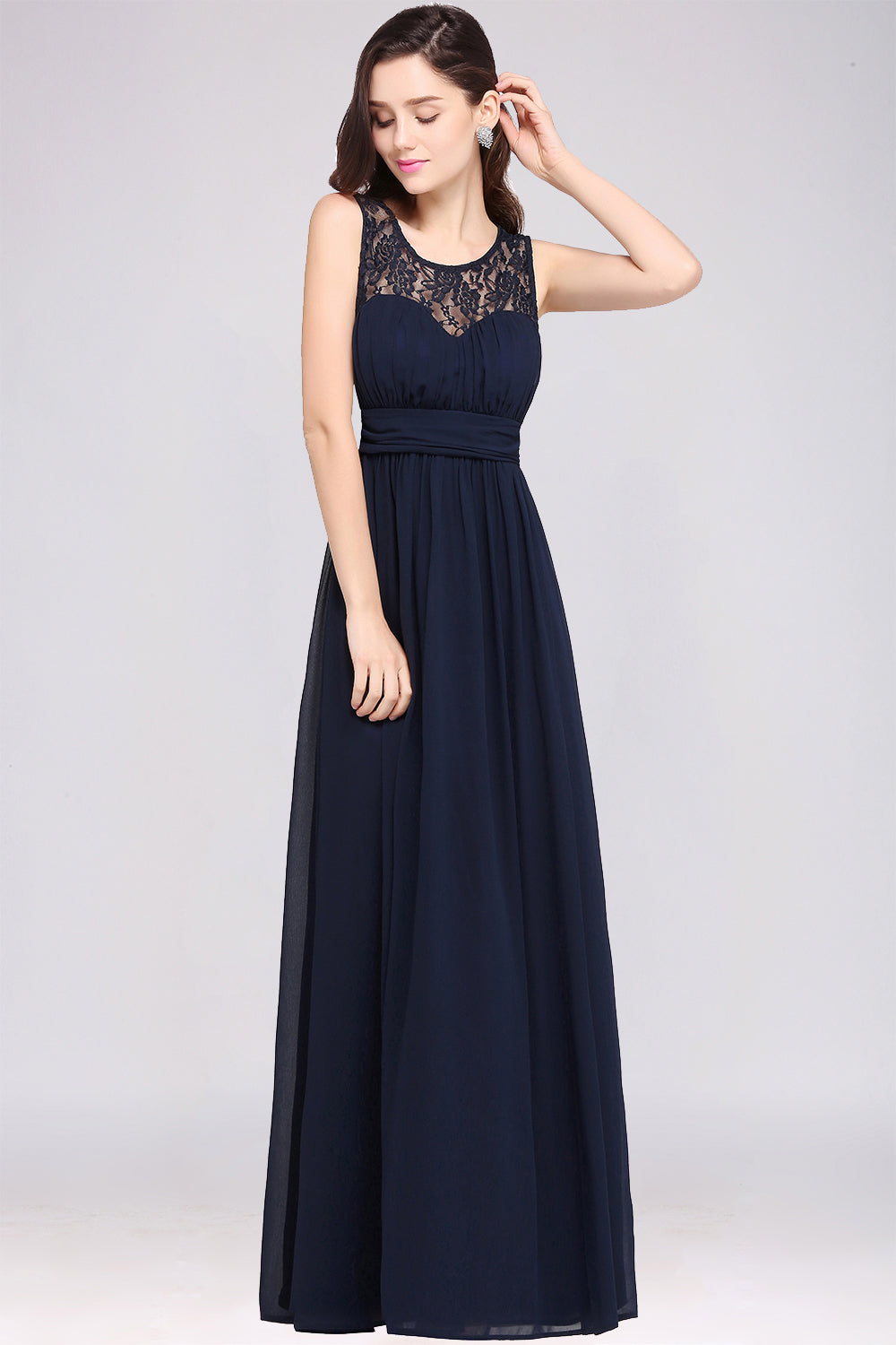 Affordable Chiffon Jewel Sleeveless Lace Bridesmaid Dresses with Ruffle - Fashionpara