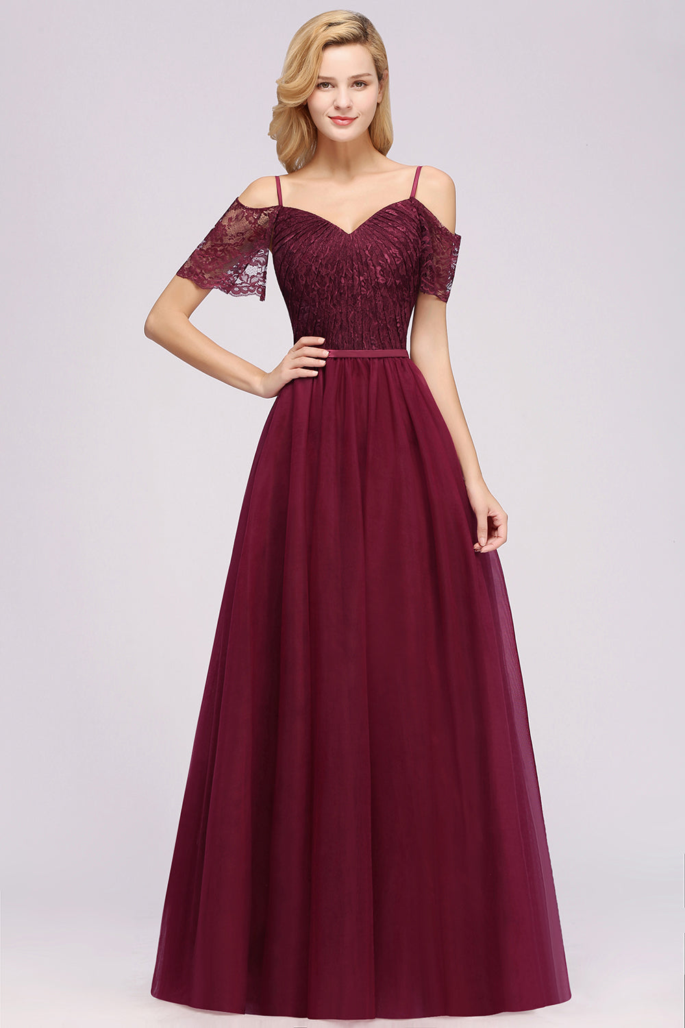 Affordable Chiffon Off-the-Shoulder Burgundy Lace Bridesmaid dresses - Fashionpara