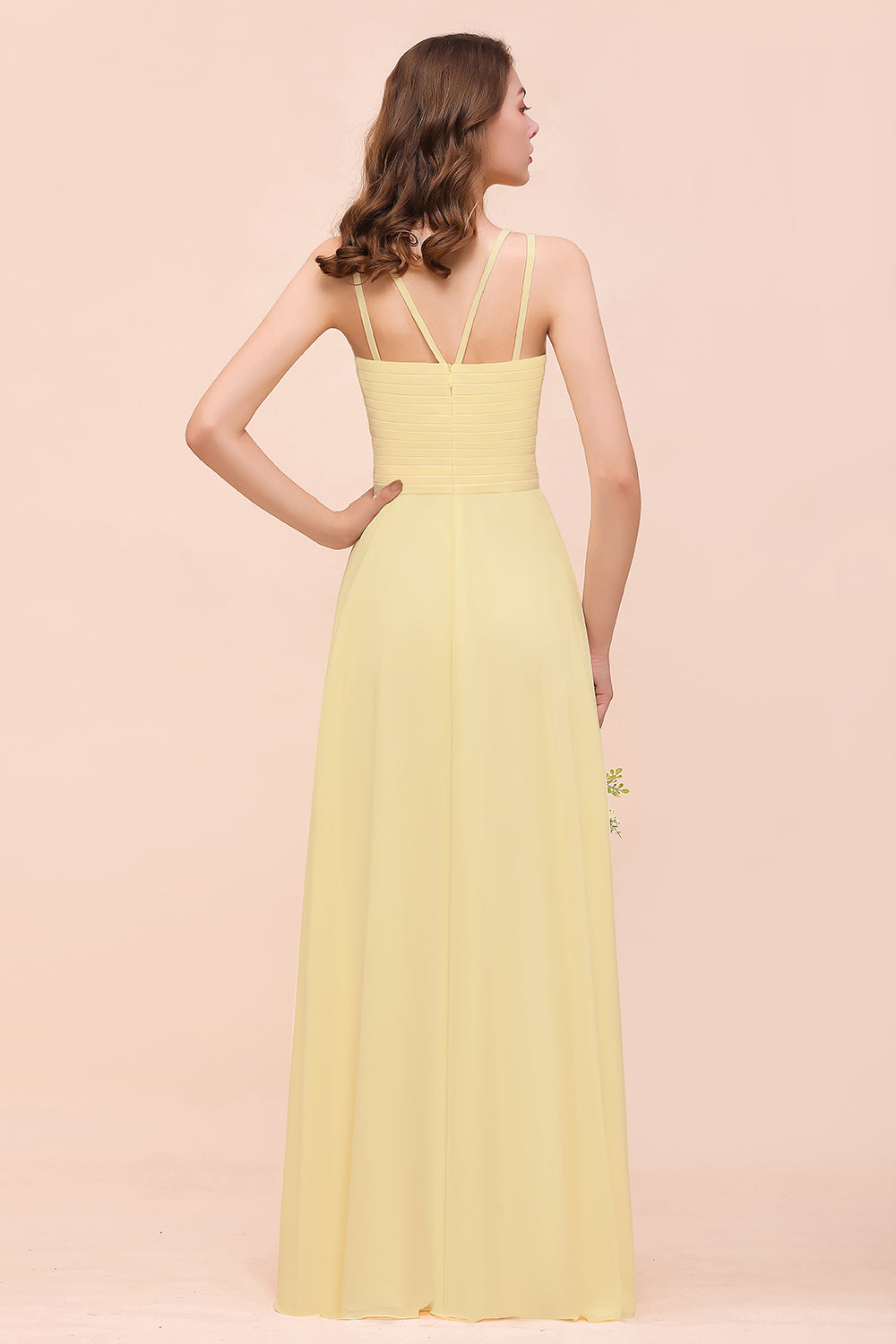 Affordable Daffodil Chiffon Sleeveless Long Bridesmaid Dresses with Ruffle - Fashionpara