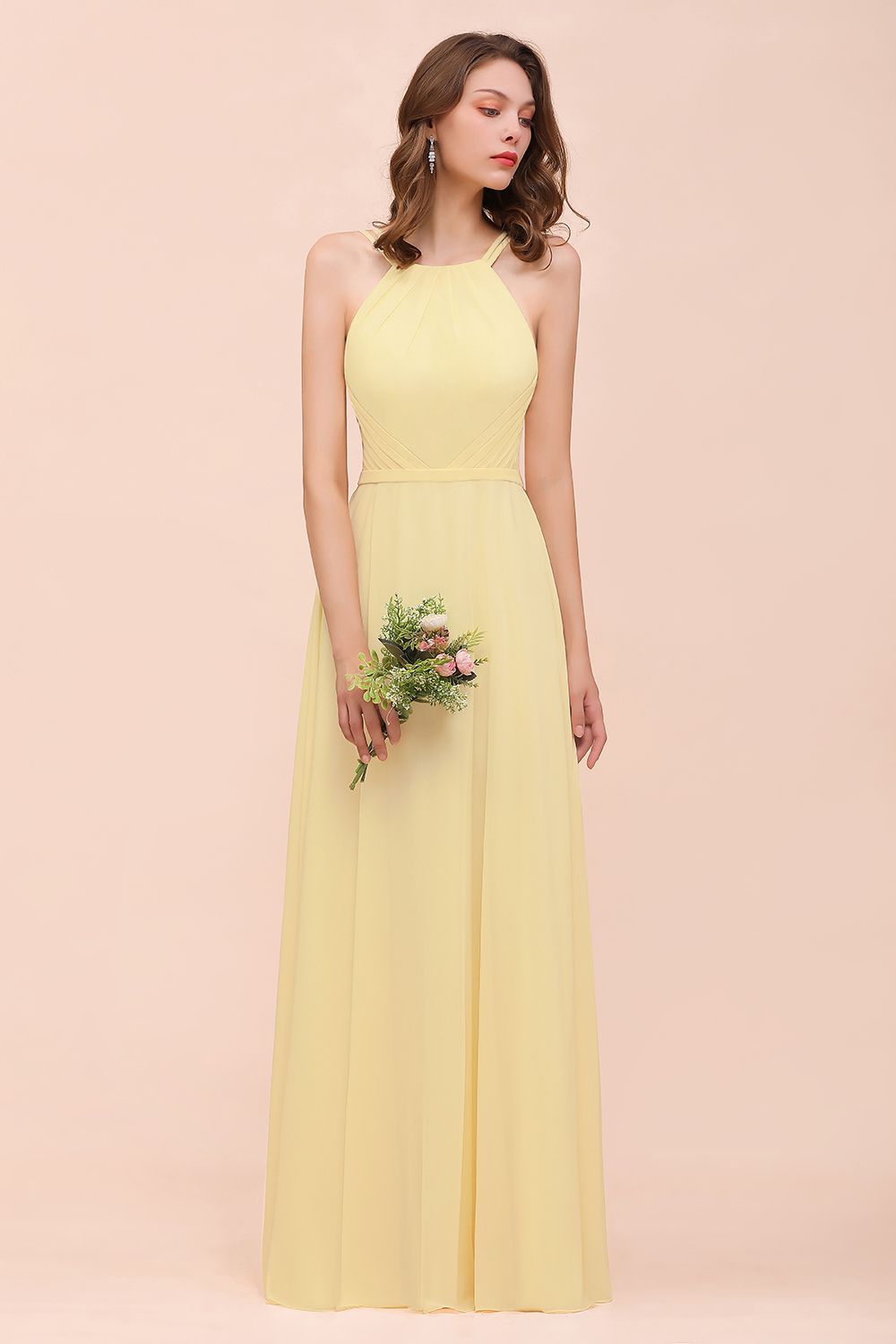 Affordable Daffodil Chiffon Sleeveless Long Bridesmaid Dresses with Ruffle - Fashionpara